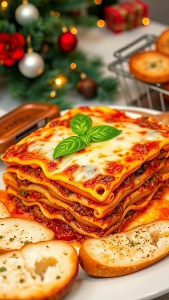 A slice of classic lasagna with layers of meat sauce and cheese, garnished with basil, on a festive table.